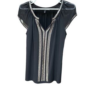 White House Black Market Sequin Front Black Saffi Blouse Cap Sleeve Size Small